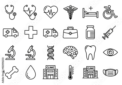 Comprehensive set of black and white line art icons representing medical, healthcare, and scientific concepts
