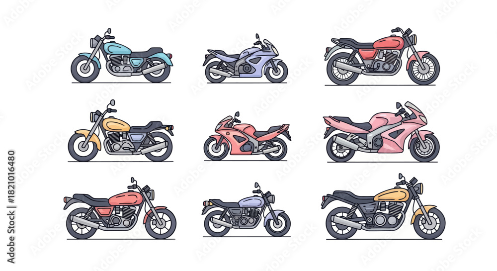 Obraz premium Collection of colorful motorcycles in vector style on white background