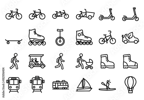 A diverse set of outline icons illustrating various modes of transportation, from personal mobility vehicles like bikes and scooters to public transit and boats