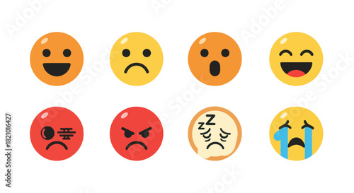 Collection of colorful emoji faces expressing various emotions on white