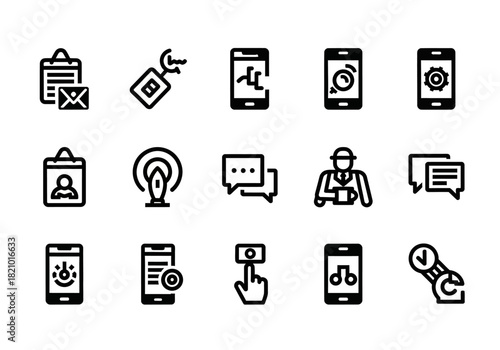 Set of thin line vector icons for web and mobile applications, covering themes like communication, device repair, user settings, and delivery services from the laujrnoi (139) series