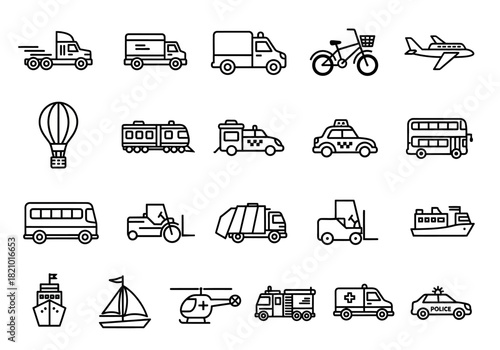 A versatile collection of outline transportation icons, showcasing land, air, and sea vehicles in a clean linear style for universal design