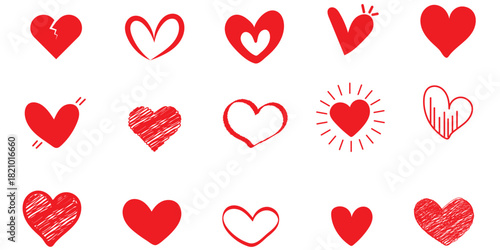 Set of red hearts in different pose. Hand drawn freehand different love hearts. Chalk drawn sketch for Valentines Day and romantic. Red Color Set Icon, Best Design. EPS 10.