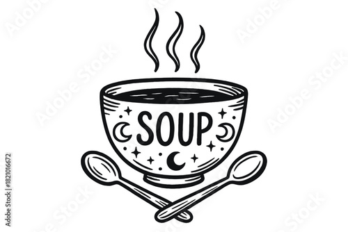 Black and white drawing of a bowl of soup with two spoons
