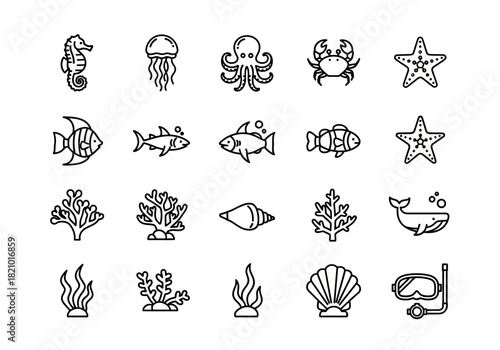 Collection of marine life and ocean elements line icons. Vector set includes sea creatures like fish, octopus, whale, and coral reefs