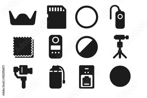 Photography Accessories Icons. Solid style icons of photography accessories: lens hood, memory card, UV filter, remote trigger,
