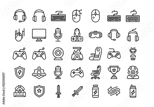 A comprehensive set of line art icons depicting video gaming and esports culture, including gamer hardware, streaming equipment, and gameplay symbols