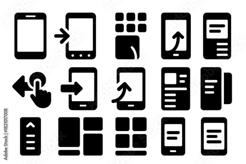 Mobile Navigation Icons. Solid style icons of mobile and app navigation: mobile hamburger icon, bottom nav bar, app drawer, tab