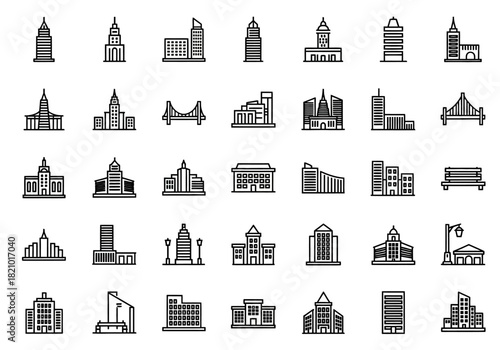 A versatile collection of city architecture and building line icons. Features diverse urban structures like skyscrapers and landmarks in a modern, linear vector style