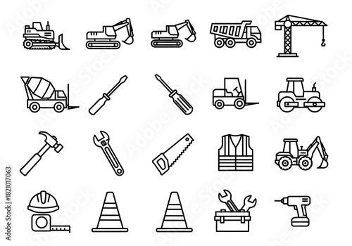 A detailed set of construction line icons featuring heavy machinery, building tools, and safety equipment for industrial projects