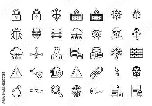 Vector icon set of cyber security and data protection symbols. Thin line illustrations for network safety, virus threats, and internet privacy concepts