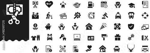 Common expenses Icons set vector illustration with collection of utilities, rent, bills, taxes, fuel, groceries, insurance, transport, saving, payment, receipt, education, medicine, gift, shopping.