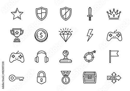 Vector collection of thin line icons for video games, including symbols for achievement, power-ups, and user interface elements, part of the laujrnoi (174).eps set