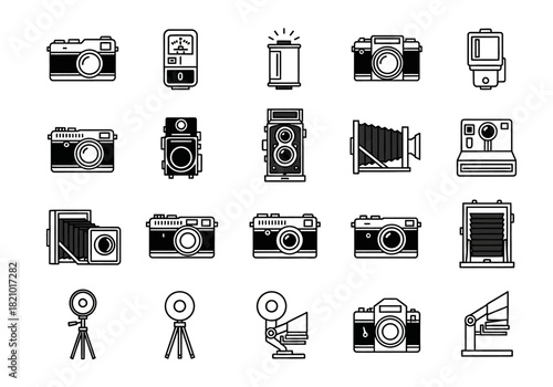 A diverse collection of photography equipment line art icons, showcasing various vintage and modern camera types and accessories as vector symbols