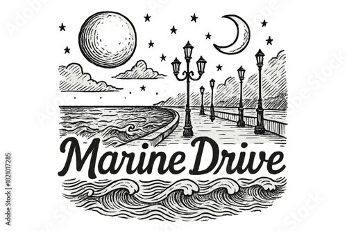 Black and white drawing of a beach with a moon and stars in the background