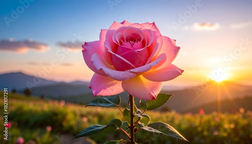 A pink rose against a sunset sky, green field, and distant hills creates a serene and beautiful scene