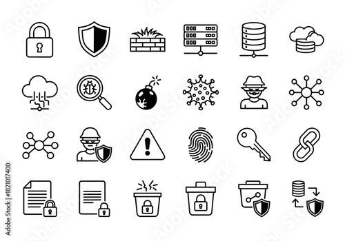 Cybersecurity and network protection icon collection, a set of vector line symbols for data privacy, digital threats, and laujrnoi technology concepts