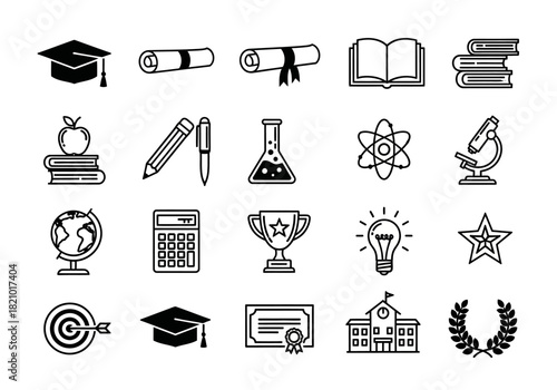 A comprehensive set of line icons representing education, graduation, and academic subjects for learning concepts