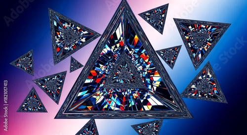 Abstract fractal composition of dark, glittering triangular shapes against a gradient background