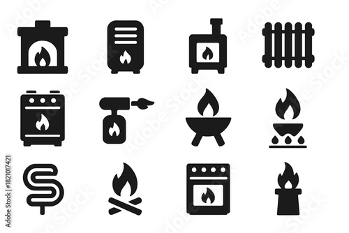 Heating Tool Icons. Solid style icons of Heating tools: fireplace, heater, furnace, radiator, stove, blowtorch, fire pit, gas