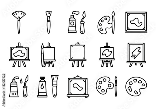 A comprehensive set of thin line art icons representing various painting supplies and artist tools like easels, canvases, palettes, and brushes