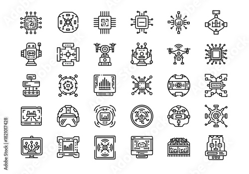 A collection of thin line icons depicting artificial intelligence, machine learning, and advanced robotics concepts for future technology