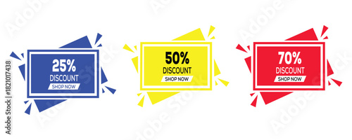 Three colorful geometric sale tags displaying 25 percent 50 percent and 70 percent off discounts sale, discount, percentage, off, offer, promotion, deal, special, price, saving, tag, label, banner