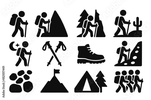 Hiking Icon Set. Solid style icons of Hiking: hiker with backpack, mountain hiker, forest hiking, desert hiking, night hiking,