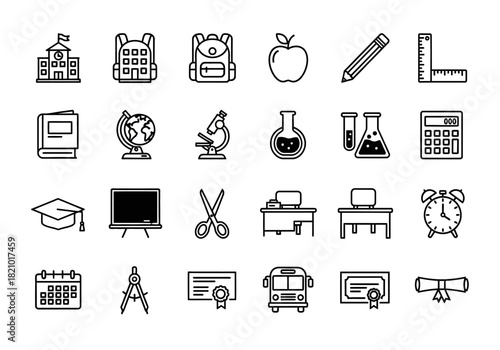 Collection of thin line school and education icons for back to school concept. Set of outline learning symbols and university elements laujrnoi