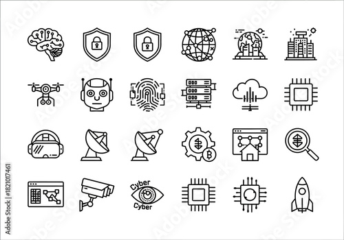 Set of thin line icons representing future technology concepts, including artificial intelligence, cybersecurity, data processing, and global networks