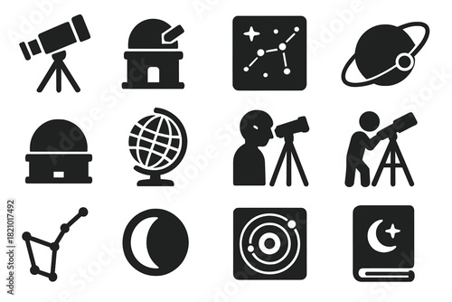 Astronomy Icon Collection. Solid style icons of Astronomy: telescope on tripod, observatory, star chart, orbit diagram,
