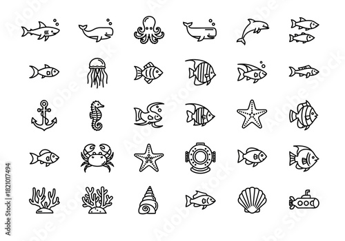 A collection of thirty minimalist line art icons depicting various sea creatures and underwater elements like fish, whales, and coral