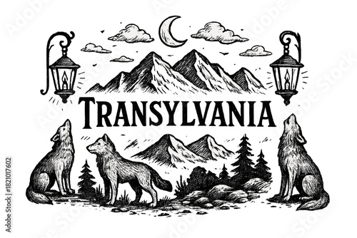 Black and white drawing of wolves