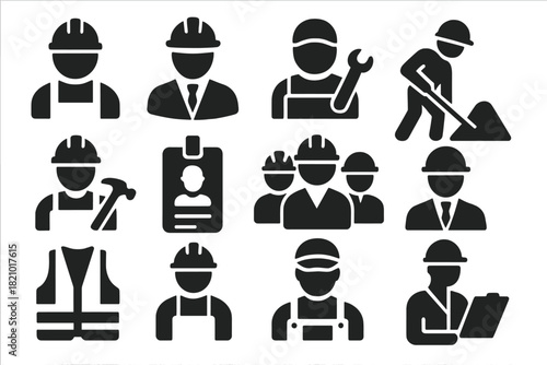 Construction Worker Icons. Solid style icons of Workers: construction worker, engineer with helmet, mechanic icon, worker with