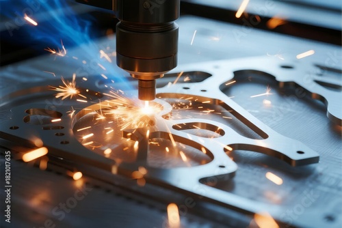 CNC machining process with sparks flying during metal cutting