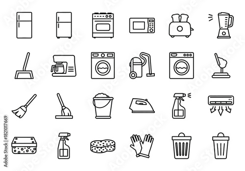 Household linear icon collection featuring kitchen appliances and cleaning supplies. Simple outline symbols for housekeeping and chores
