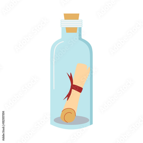 Flat Illustration of Message in a Bottle with Treasure Map