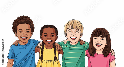 Diverse group of happy children embracing each other with joyful expressions.