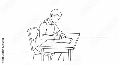 Student diligently writing at a desk in a minimalist sketch style.