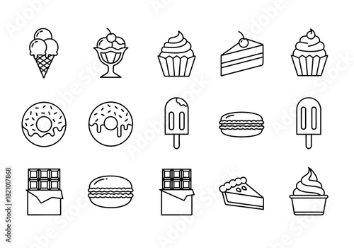 A diverse collection of minimalist line art icons featuring popular sweets and desserts. Vector set of cake, ice cream, and donut outlines for graphic design
