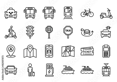 Urban mobility and public transport line icon set. A collection of simple symbols for taxi, bus, train, scooter, and map navigation services