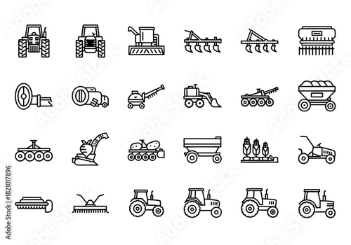Collection of agricultural machinery line icons. A vector set of farm equipment, tractors, and heavy vehicles