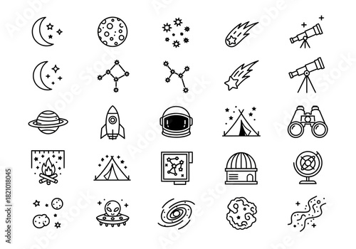 A collection of simple line icons for astronomy and space exploration, featuring vector graphics of cosmic elements like planets, stars, and rockets