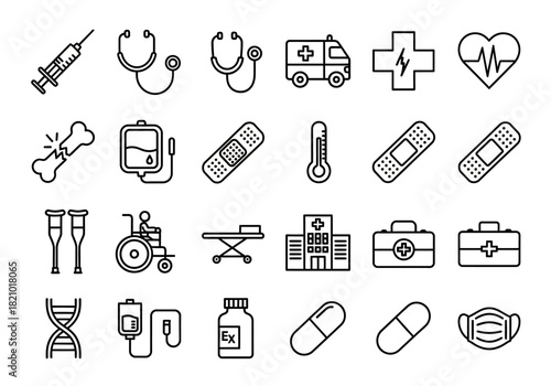 A comprehensive set of medical and healthcare outline icons. Vector symbols representing hospital, emergency, and pharmacy elements