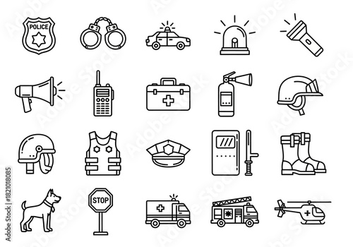 A comprehensive collection of law enforcement and emergency rescue service line icons, featuring police, fire, and medical symbols for design