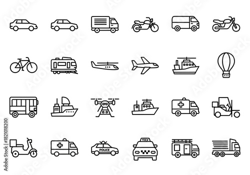 A diverse collection of transport vehicle line icons, including cars, planes, ships, and emergency services for graphic design
