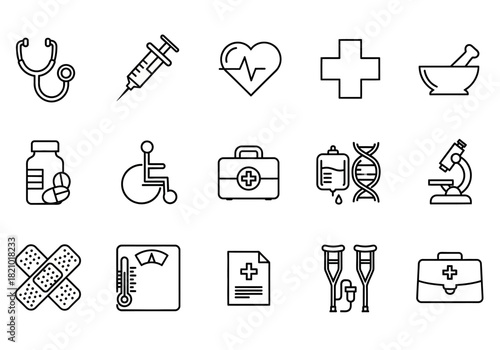 Minimalist line art icon collection for medical and scientific concepts. A versatile set of graphic elements for healthcare and wellness applications