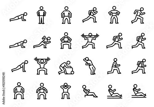 A comprehensive set of line icons depicting various fitness exercises, workout poses, and physical training routines for a healthy lifestyle