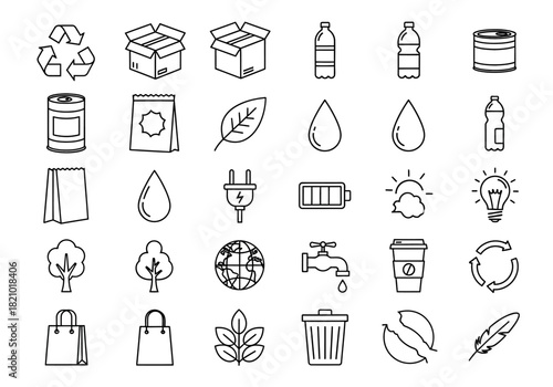 A collection of hand-drawn line art icons for ecology, recycling, and sustainability. Vector symbols for environmental and zero waste concepts