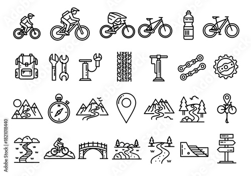 Vector line icons of mountain biking gear, bicycle repair tools, and outdoor adventure elements